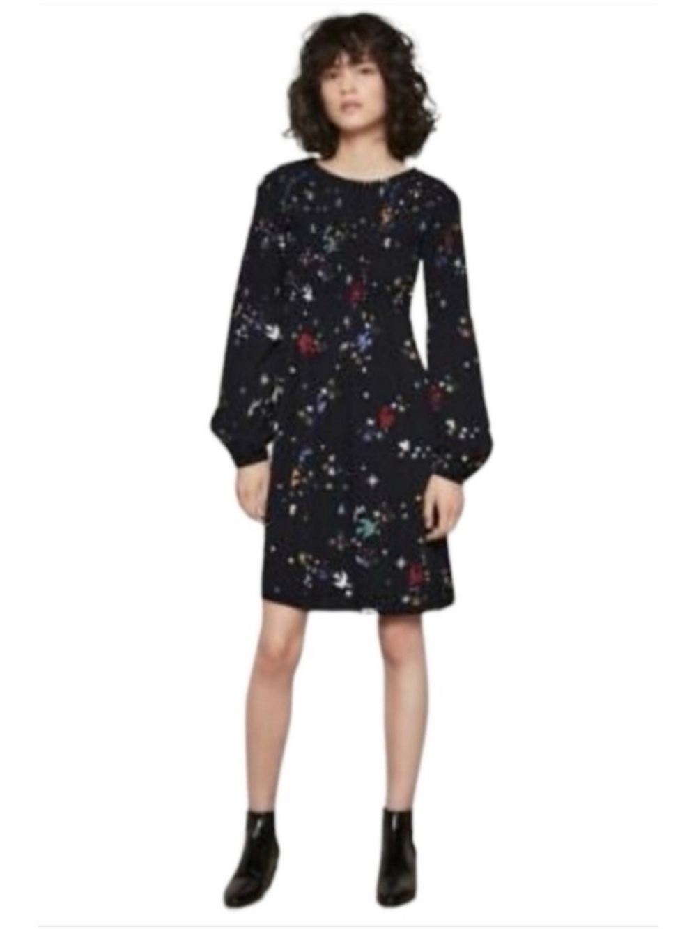 Maje Reskita Star & Swallow Smocked Crepe Long Sleeve Dress 2